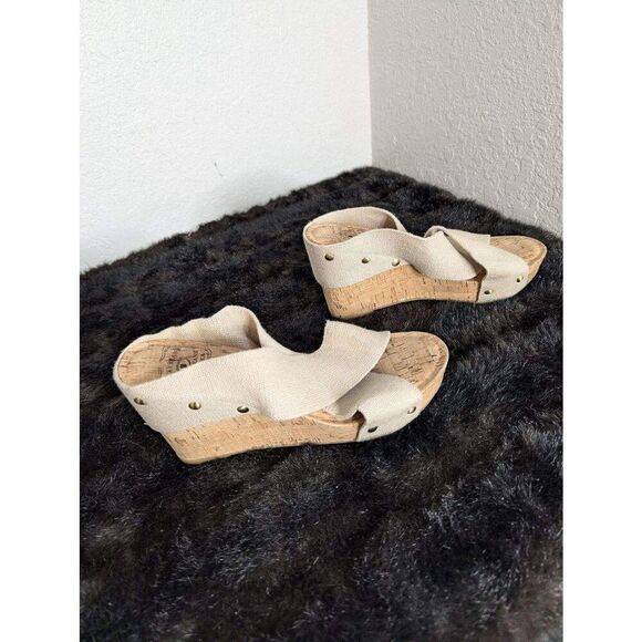 LUCKY BRAND Beige Straps MILLER 2 Open Toe Cork Wedge Platform Sandal Sz 7 - Picture 1 of 7